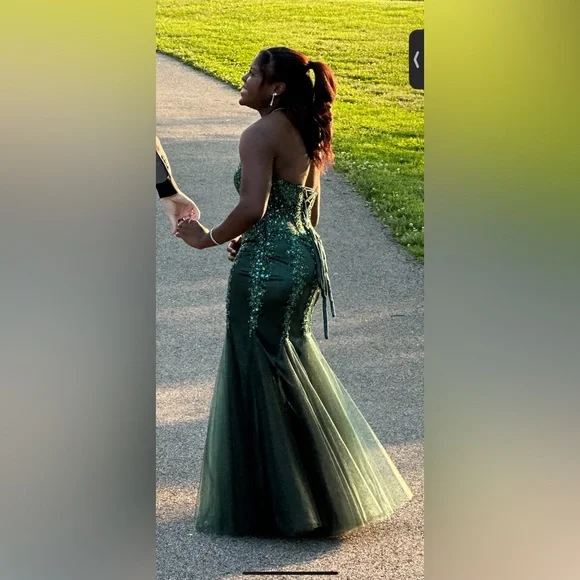 princess polly baby blue dress Zapaka Women Sparkly Dark Green Beaded Long Mermaid Prom Dress with Slit, Dark Green / US4 main image 0